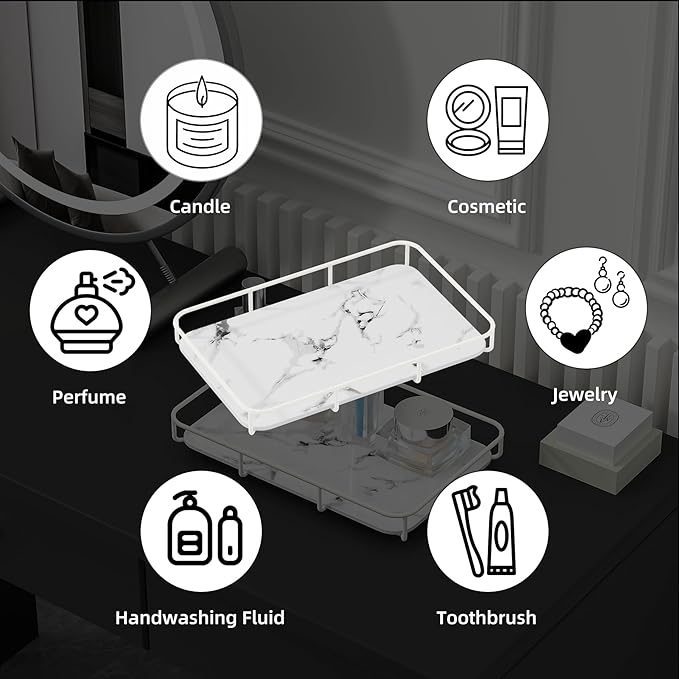 Bathroom Organizer Countertop Perfume Organizer Makeup Organizer Cosmetics Storage Display Rack Vanity Tray Dresser Stainless Steel Gold Shelf White Marble Ceramic Tray