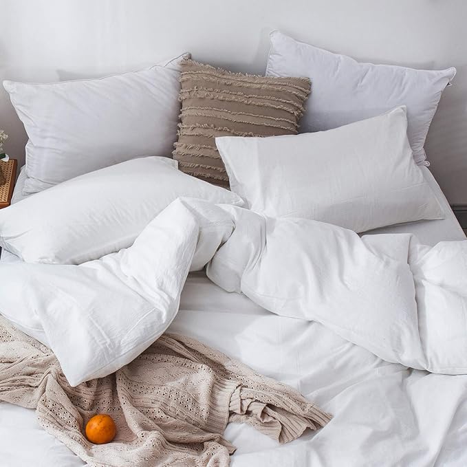MooMee Bedding Duvet Cover Set 100% Washed Cotton Linen Like Textured Breathable Durable Soft Comfy (Solid Off White, Super King Plus 120"x120")