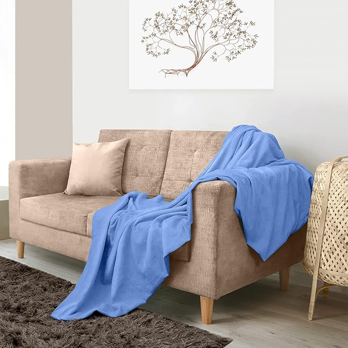 Avalon Bedding 100% Cotton Blankets King Size Thermal Blanket (108"x90") - Perfect Cotton Blanket King Size for Layering Bed in Any Season - Cotton Blankets for Bed (Blue)