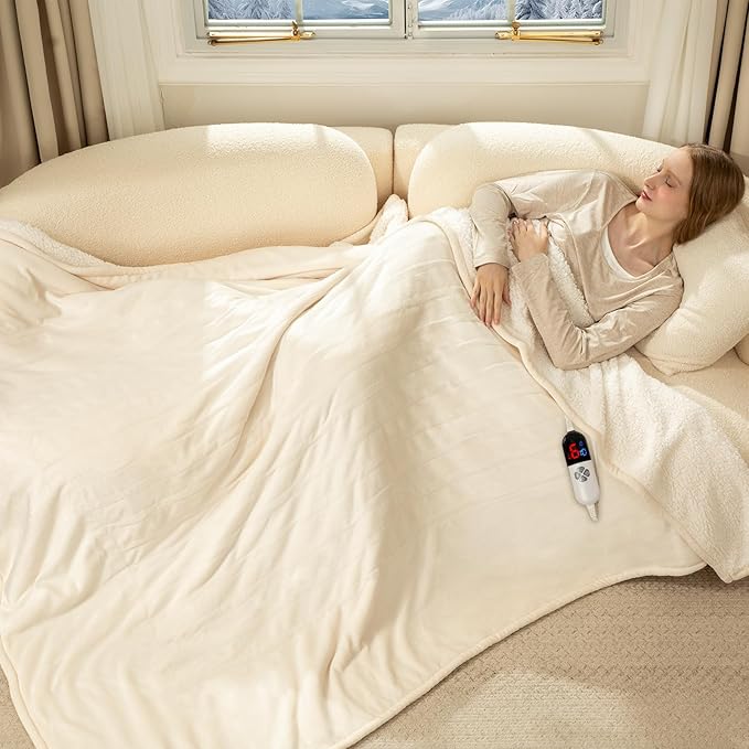 Electric Blanket Full Size 72" X 84" - Flannel Sherpa Heated Blanket with Fast Heating, 6 Heat Settings, 1-10 Hrs Timer Settings, ETL Certified Heating Blanket, Washable, White