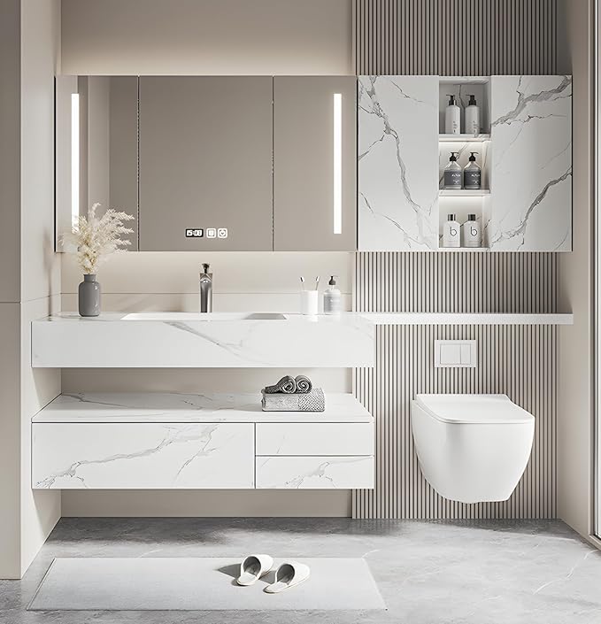 Floating Bathroom Vanity with Sink, Solid Wood Bathroom Vanity Set, Smart Defogging Mirror & Induction Side Cabinet & Large Storage - Elegant Bathroom Vanities (White,56IN)