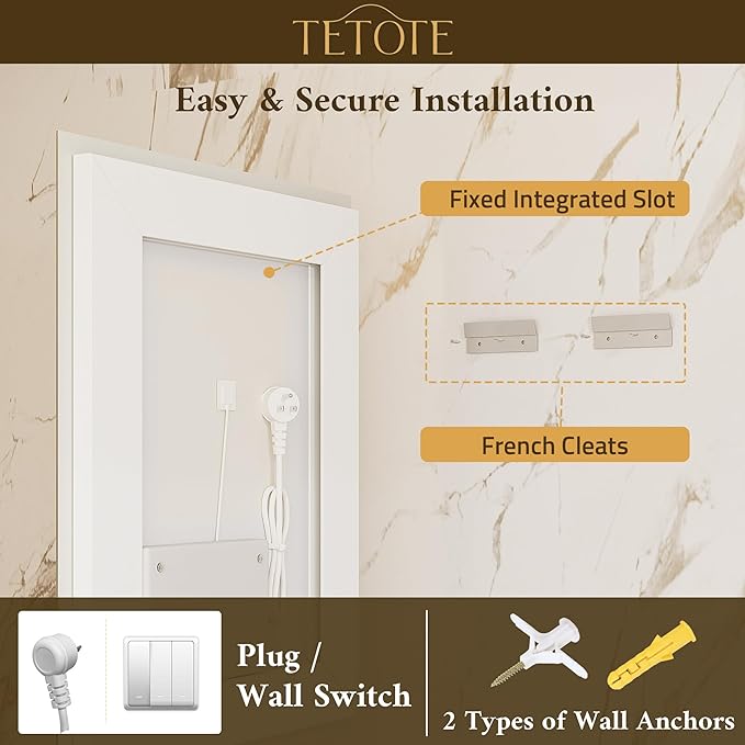 TETOTE 42 x 36 Inch Led Lighted Bathroom Mirror with Lights, Beveled Front and Backlit Extra-Bright Light up Mirror for Bathroom Wall, 3-Color Dimmable, Defogging, Tempered Glass, Waterproof
