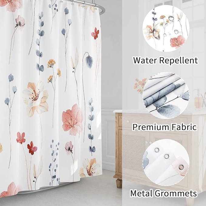 Gibelle Long Shower Curtain 72 x 78, Watercolor Floral Fabric Shower Curtain, Coral Beige Flower Decorative Bathroom Shower Curtain Set with Hooks