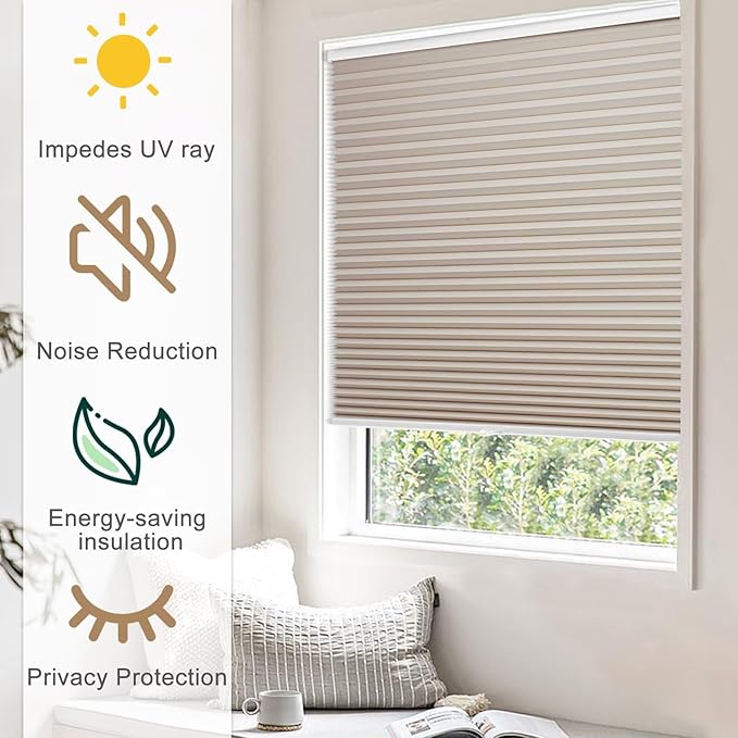 MYshade 1.5-Inch Cellular Cordless Blackout Shades,Thermal Insulating Noise Reducing Waterproof Blinds,Honeycomb Window Treatments for Indoor Light Control (Beige-33.5" W x 72" H)
