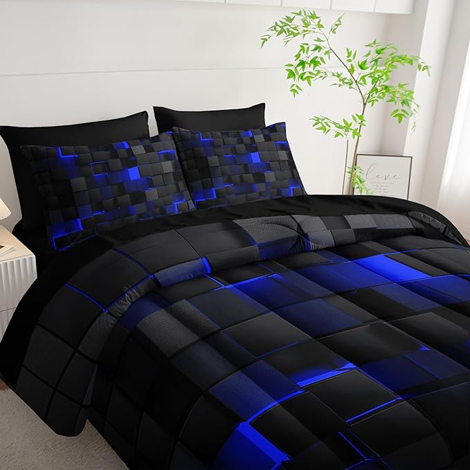 Queen Size Comforter Set 7 Piece - Black and Blue Modern Bedding, 3D Cube Design, Soft Microfiber, Gamer Bed Set, All Season