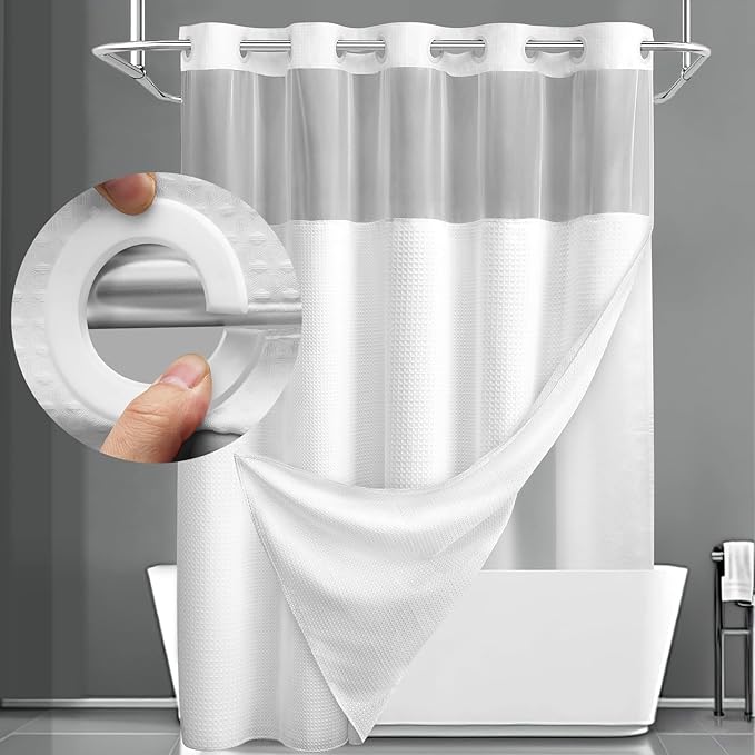 YellyHommy No Hook Shower Curtain with Snap in Fabric Liner Set Less Time White Waffle Shower Curtain for Bathroom 75" L x 78" W