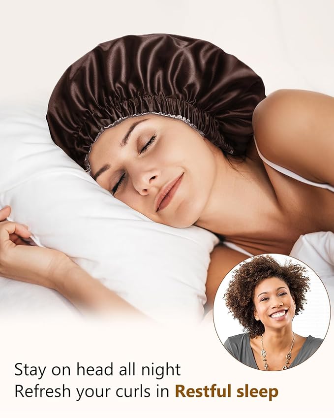 mikimini Satin Bonnet Pack of 2 for Men and Women, Reversible Double Layer Sleeping Silk Bonnet for Curly Hair Braids with Adjustable Widened Elastic Band Super Large Soft(XL, Chocolate/Silver)