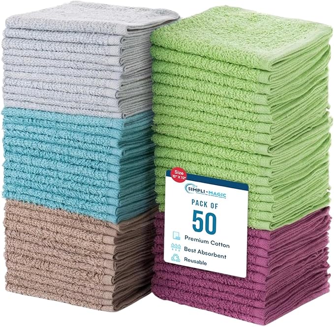 Simpli-Magic Cotton Wash Cloths 12"x12" (50 Pack) – Highly Absorbent Soft Towels for Bathroom – Commercial Terry Washcloth for Face, Hand, Bath, Kitchen, Gym & Hotel (Multicolor)