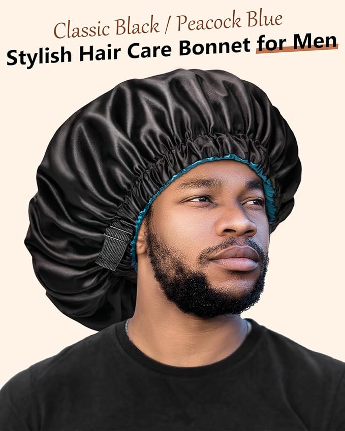 mikimini Satin Bonnet Pack of 2 for Men and Women, Reversible Double Layer Sleeping Silk Bonnet for Curly Hair Braids with Anti-Slip Adjustable Widened Elastic Band Super Large Soft (XL, Black/Blue)