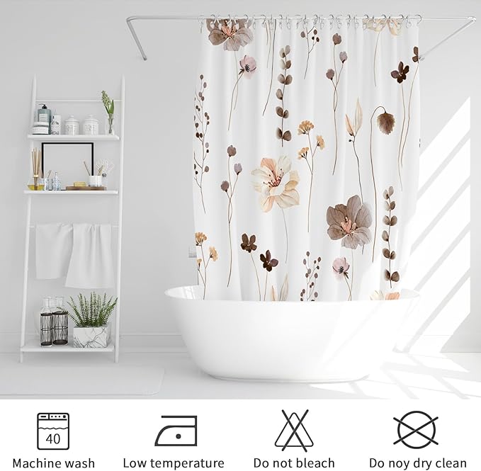 Gibelle Long Shower Curtain 72 x 78, Watercolor Floral Fabric Shower Curtain, Brown Beige Flower Decorative Bathroom Shower Curtain Set with Hooks
