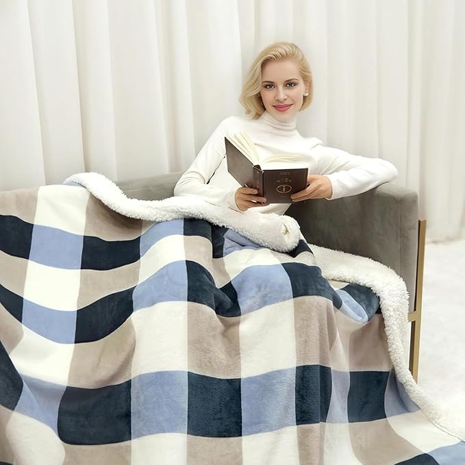 Blanket for Women, Sherpa Throw Blanket for Couch, Flannel Cozy Soft Blanket for Bed - Fleece, Gray-Soft Blue, 50x60 Inches