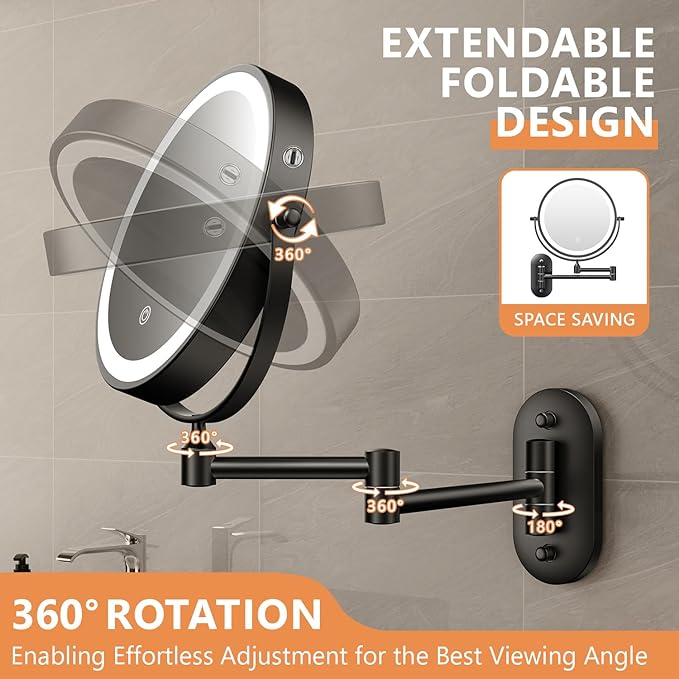1X/20X Wall Mounted Makeup Mirror with Light, 8" Rechargeable Double-Sided Magnifying Mirror, Vanity Mirror Dimmable 3 Color Light, 360° Extension Rotation Foldable 14.5 Inch Arm for Bathroom