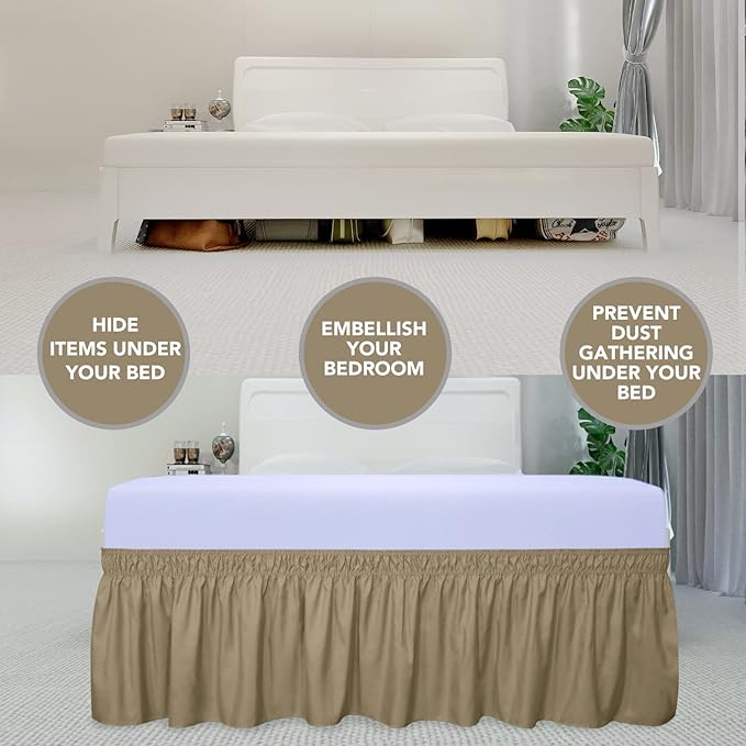 PureFit Wrap Around Ruffled Bed Skirt with Adjustable Elastic Belt - 18 Inch Drop Easy to Put On, Wrinkle Free Bedskirt Dust Ruffles, Bed Frame Cover for Queen, King and C-King Size Beds, Camel