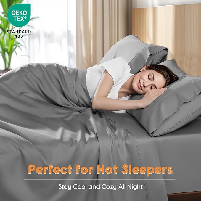 LBRO2M 100% Cotton Sheets Set King Size 600 Thread Count Sheet 4 Piece Sets Bed Sheet Deep Pocket Up to 16" Soft Comfortable All Season (King, Gray)