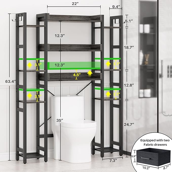 Over The Toilet Storage with 2 Drawers - 11 Tier Bathroom Organizer Freestanding Space Saver Storage Rack with Adjustable Shelf Above Toilet Stand with 4 Hooks for Restroom, Laundry, Grey Oak
