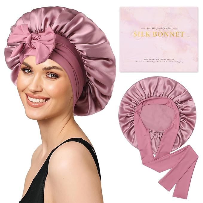 AWAYTR Mulberry Silk Bonnet for Sleeping - Silk Sleep Bonnet with Tie Band for Curly Hair Men and Women (Rose Gold)