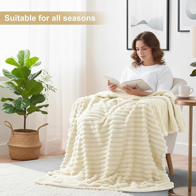 decorUhome Christmas Soft Fleece Beige Throw Blanket for Couch, Cozy Fluffy Plush Flannel Striped Blanket for Sofa Bed, Lightweight Decorative Ribbed Fuzzy Blanket for Woman, 50x60 Inches
