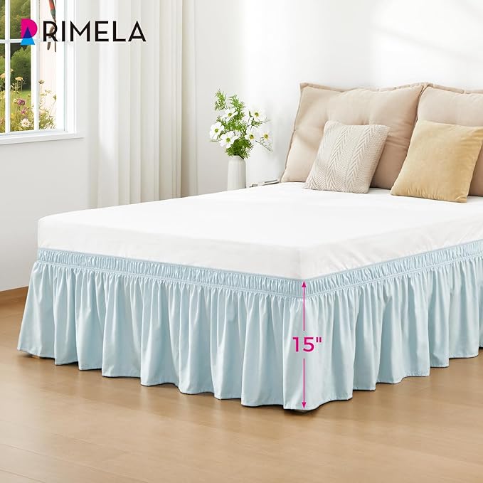 RIMELA Grayish Blue Bed Skirt Queen Size 15 Inch Drop, Wrap Around Elastic Bedskirt, Dust Ruffle for Adjustable Bed Base Machine Washable Easy to Install Bed Skirts