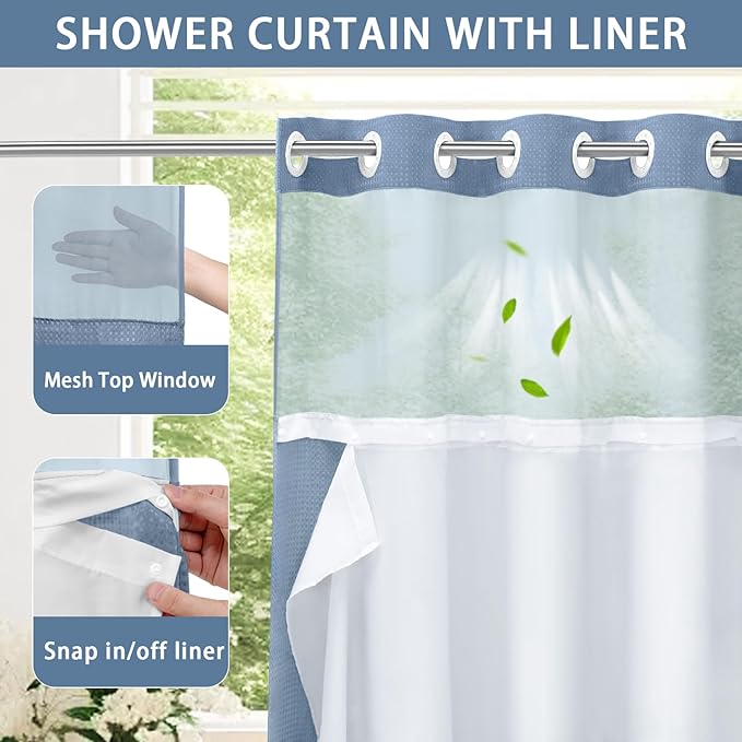 YellyHommy No Hook Shower Curtain with Snap in Liner Set Less Waffle Shower Curtain for Bathroom (Sky Blue, 87" L x 72" W)
