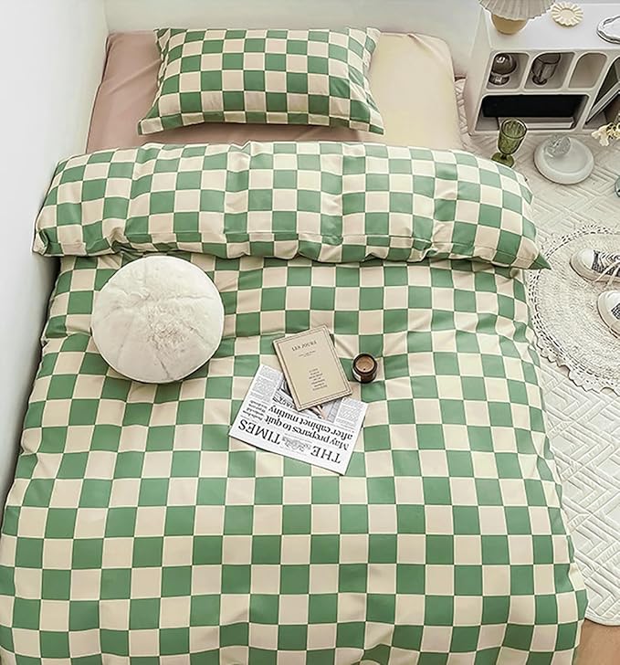 KAREVER Green White Grid Comforter Set King Sage Green Plaid Bedding Set Women Light Green White Checkered Bed Set Breathable Blanket Set Men Durable Bedding Comforter Set