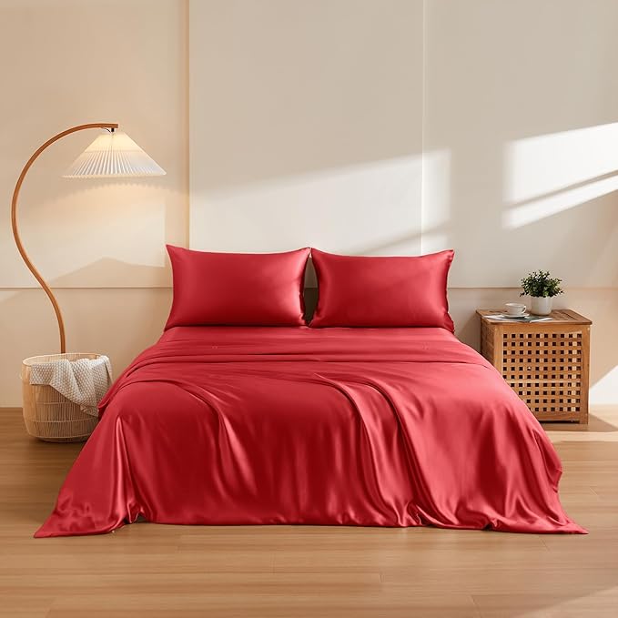 THXSILK 100% Pure Mulberry Silk Duvet Cover Set 3 Piece, 6A+ Grade Luxury Soft Bedding Silk Sheets for Hair and Skin, 1 Pcs Duvet/Quilt/Comforter Cover with 2 Zippered Pillowcases (Red, King)