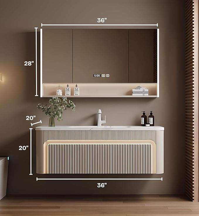 36” Bathroom Vanity Set, Floating Bathroom Vanities with Single Sink, Smart Defog Mirror Cabinet and LED Strip Light, Oak Wood Elegant Bathroom Cabinet with Storage Space (Milk Coffee)