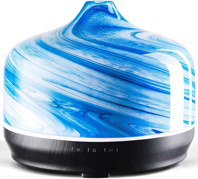 Porseme 500ml Glass Essential Oil Diffuser Aromatherapy Ultrasonic Cool Mist Humidifier 15-21 Running Hours Waterless Auto-Off Air Diffusers for Sleeping Yoga Office Working Spa and Rest (Blue Ink)