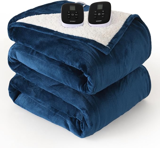 WOOMER Heated Blanket King Size,Durable Flannel and Soft Sherpa,Dual Control,84” × 90” Electric Blanket, 10 Heat Levels&0.5-12h auto-Off, Overheat Protection,Energy Efficient