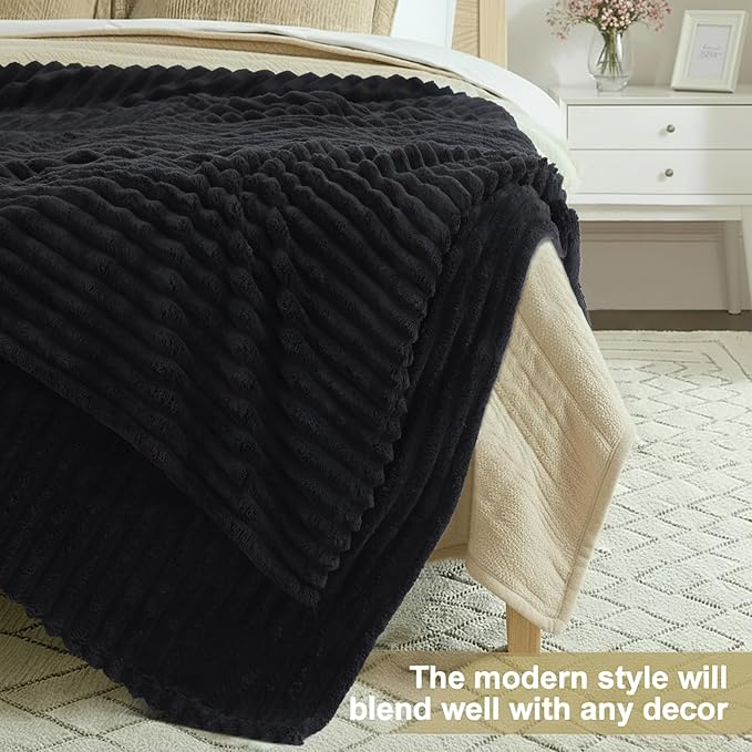 decorUhome Christmas Soft Fleece Black Blanket Queen Size for Bed, Cozy Fluffy Plush Flannel Large Striped Throws for Couch Sofa, Lightweight Decorative Fuzzy Blanket for Woman, 90x90 Inches