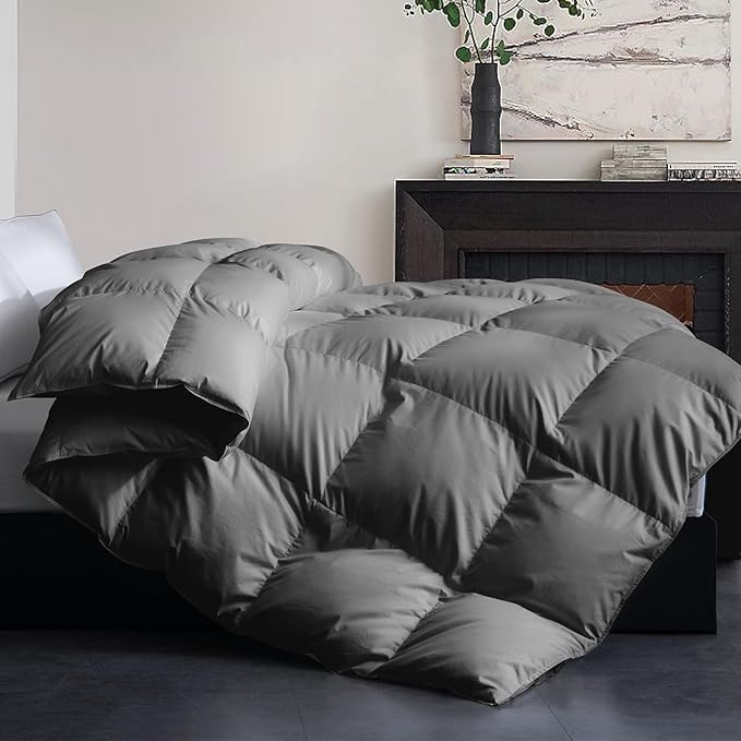 Cosybay Full Size Feather Down Fiber Comforter - Fluffy Grey All Season Duvet Insert, Ultra Soft 100% Cotton Cover, Luxury Hotel Bedding with Corner Tabs, 82"x86"