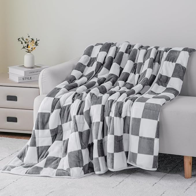 Uttermara Weighted Blanket Queen Size(20lbs, 60" x 80", Plaid Grey), Double Side Premium Soft Flannel Fleece Weighted Throw Blanket, Reversible Checkerboard Print Heavy Blanket for Adults Couch Bed