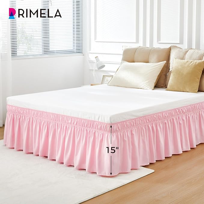 RIMELA Pink Bed Skirt Twin Size 15 Inch Drop, Elastic Bed Skirting for Bed Base and Frame, Bedding Dust Ruffle Easy to Install, Lightweight Wrap Around Adjustable Bedskirt