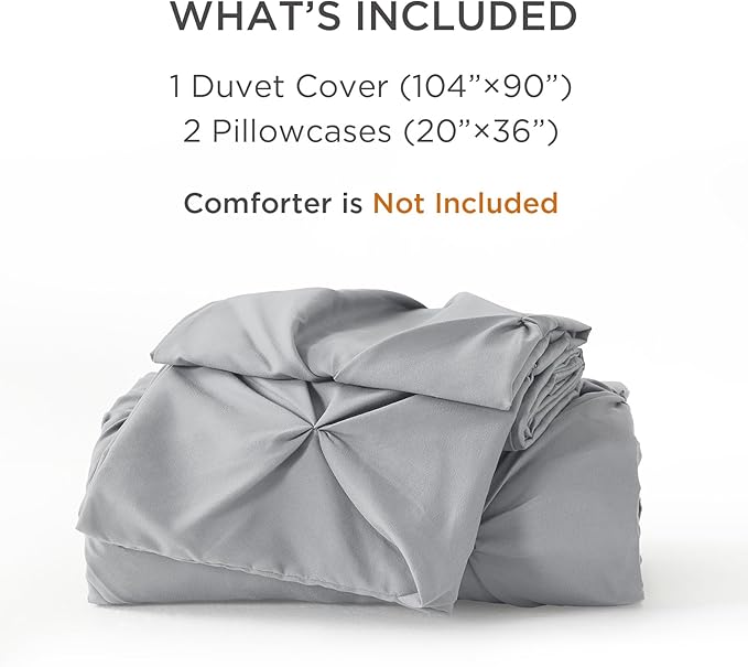 Litanika Silver Grey King Pinch Pleat Duvet Cover, 3 Pieces Pintuck Cover Soft Microfiber Bedding Set with Zipper Closure & Corner Ties(104x90Inch-1 Duvet Cover, 2 Pillowcases)