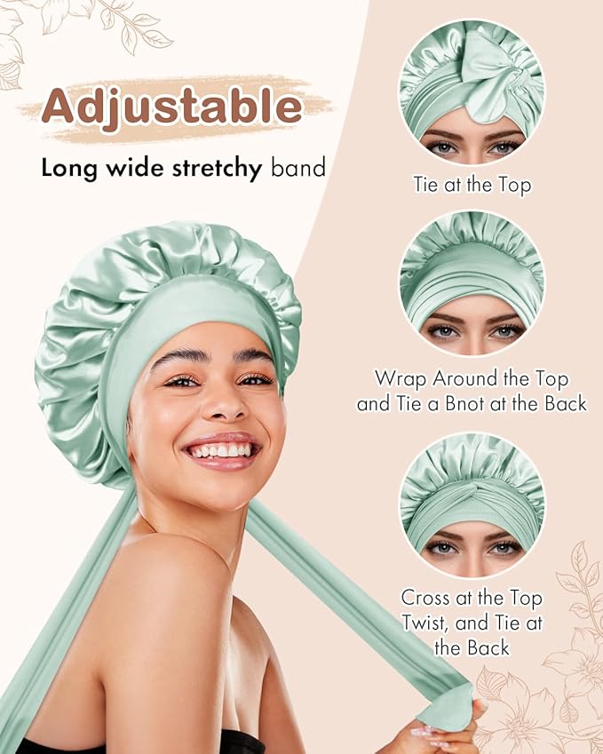 BONNET QUEEN Silk Bonnet for Sleeping Women Satin Bonnet Night Sleep Cap Wrap for Curly Hair with Adjustable Tie Band, Single Layer, Small, Sage