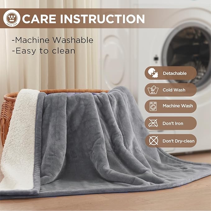 Westinghouse Heated Throw Blanket, Soft Flannel to Sherpa Electric Throw with 6 Heating Levels, 2-10 Hours Time Settings, Fast Heating, Machine Washable 50x60 Inch, Light Grey