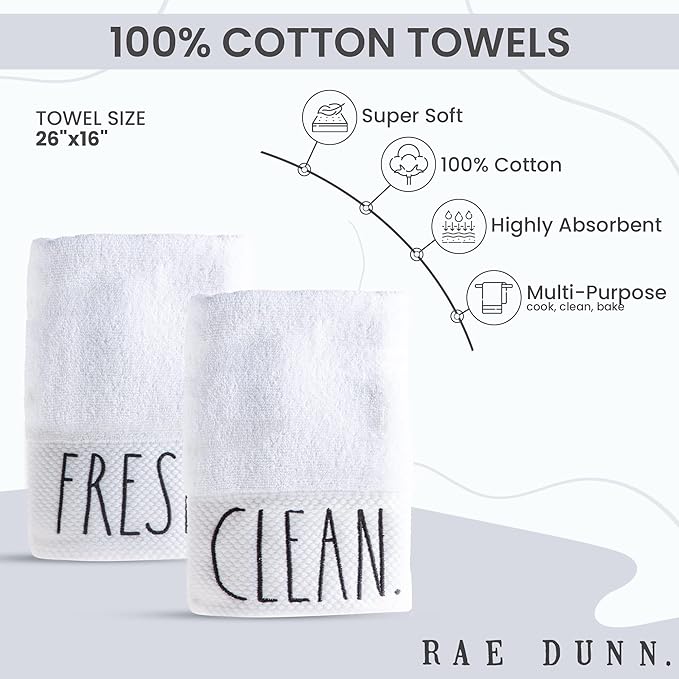 Rae Dunn Hand Towels, Embroidered Decorative Hand Towel for Kitchen and Bathroom, 100% Cotton, White- Fresh/Clean, 16"x 28"