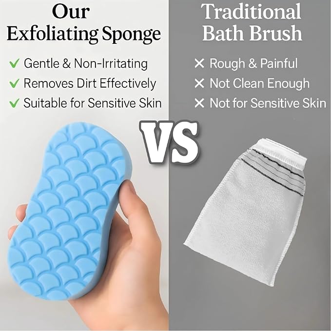 Skin Scrubber Exfoliator - 3D Super Soft Body Scrub Sponge for Dead Skin Removal, Reusable Skin-Friendly Exfoliator Also a Gentle Bath Sponge for Baby, for Adults, Kids & Pregnant Women (2Blue+2pink)