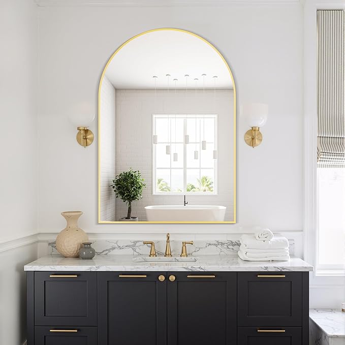 Delma Arched Bathroom Mirror, 28"x40" Wall Mounted Vanity Mirror for Bedroom, Living Room and Entryway, Gold
