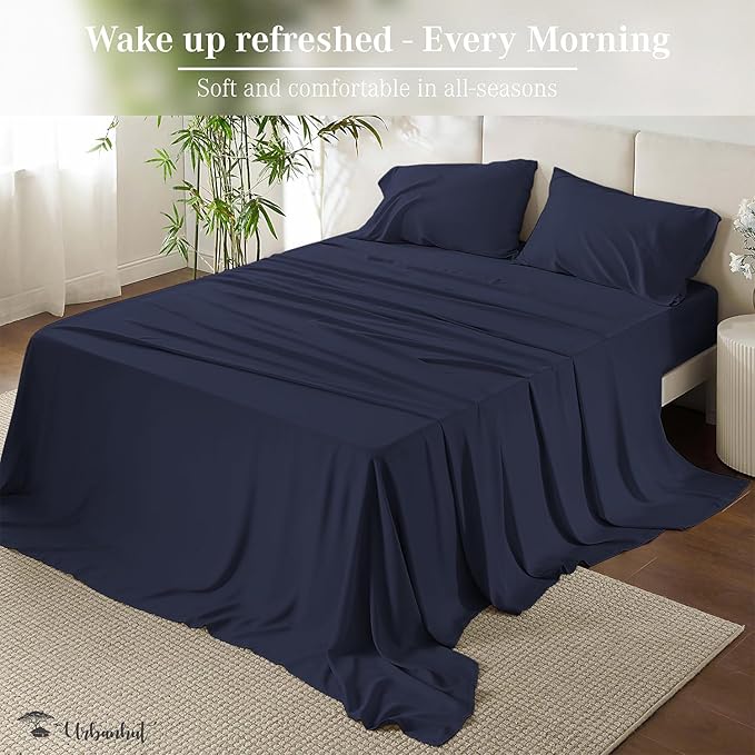 URBANHUT 700 Thread Count Full Size Egyptian Cotton Sheets, 4Pc Sheet Set Soft Luxury Bed Sheets for Full Size Bed, Sateen Weave Hotel Sheets, 14'' Elasticized Deep Pocket - Navy Blue