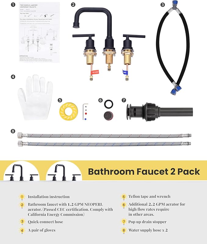 3 Hole Bathroom Faucet Black: WOWOW 8 Inch Bathroom Sink Faucet Widespread, Two Handle Vanity Taps with Pop-up Drain and Supply Lines, 360 Swivel Lavatory Tap High Arc Modern (2 Sets)