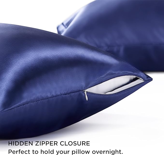 Bedsure Satin Pillowcase with Zipper, Similar to Silk Pillow Cases 2 Pack, Silky & Soft Satin Pillow Cases Standard Size for Hair and Skin, Navy Pillow Covers, Gifts for Women Men, 20x26 Inches