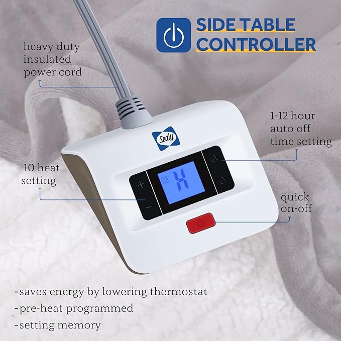 SEALY Heated Electric Blanket Full Size, Flannel & Sherpa Heating Blanket with with 10 Heating Levels & 1-12 Hours Auto Shut Off, Fast Heating Blanket, Machine Washable, Grey, 80 x 84 Inch