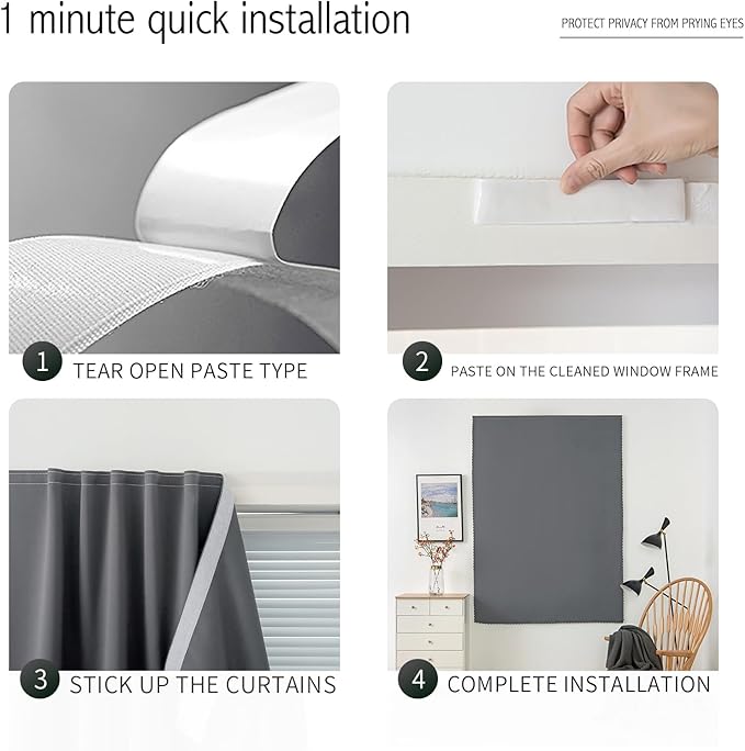 Magic Tape Blackout Curtains for Bedroom No Drillng Self Adhesive Curtains No Rod Small Window, 47" W X 84" L, Grey, 1 Panel