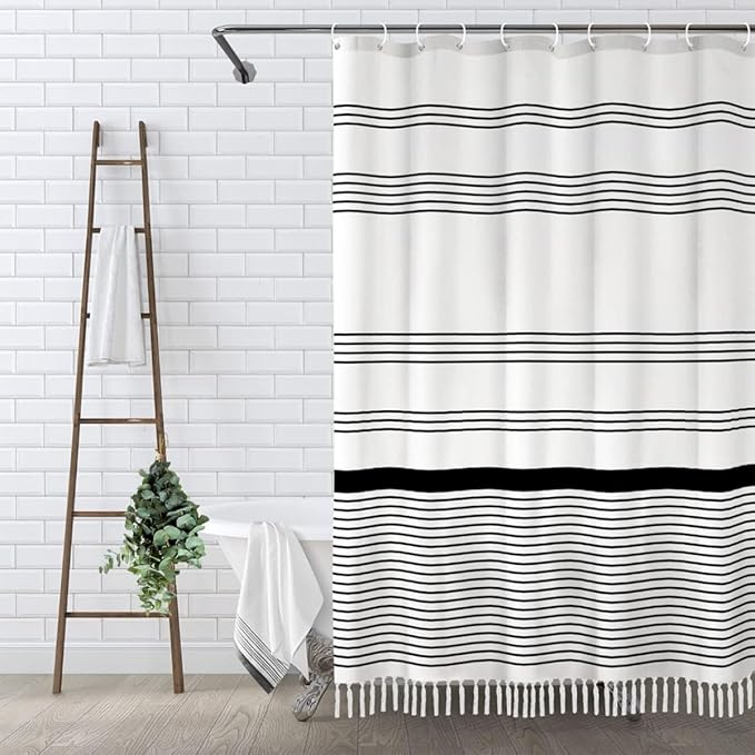 Awellife Black and White Boho Shower Curtain for Bathroom Stripe Tassel Shower Curtain Farmhouse Cotton 84" L x 72" W