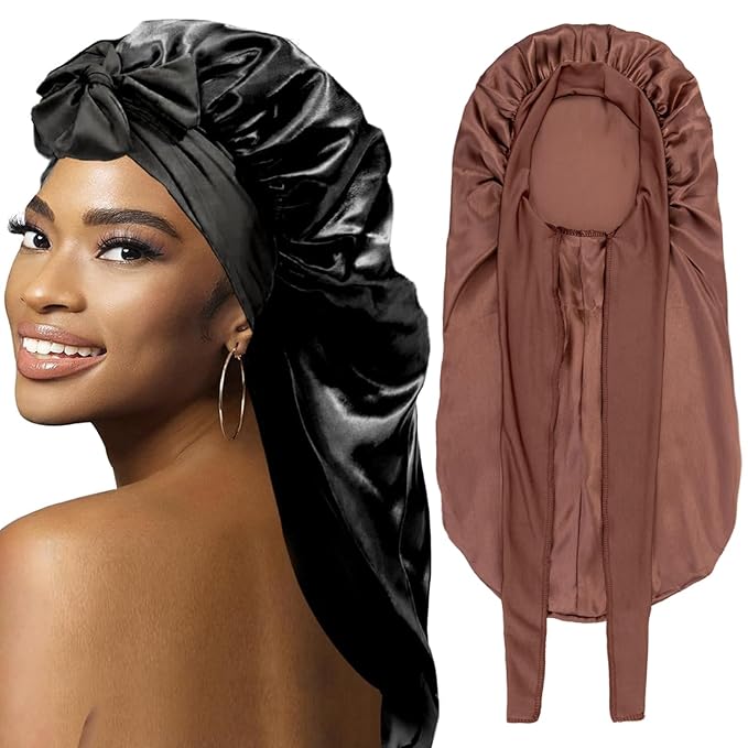 2Pcs Bonnets for Black Women Braid Bonnet, Large Long Satin Bonnet for Braids, Silk Bonnet with Stretchy Tie Band Sleep Cap Hair (2Pcs-Black&Brown)
