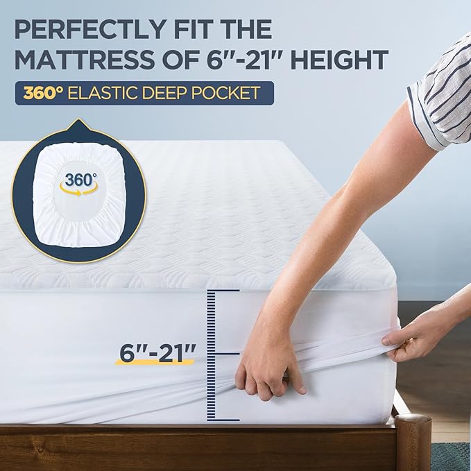 Premium Waterproof Mattress Protector Made from Silver-Ion Bamboo Rayon, Silver-Infused Mattress Cover for Better Safety & Health, Hypoallergenic Quiet Bed Cover Fits 6"-21" (White, Full)