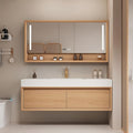 Single Sink Bathroom Vanity, 40Inch Modern Bathroom Vanity Set Includes LED Smart Defogging Mirror Cabinet and Open Shelf, Floating Vanities with One Piece Sink and Drawers Storage(Original Wood )