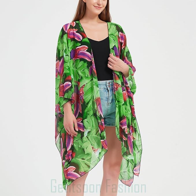 Women's Bohemian Floral Chiffon Beach Cover up Swimsuit Kimono Summer Swimwear Cardigans