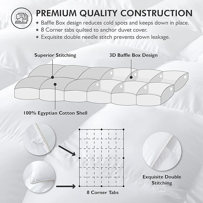 Luxurious Full Size Goose Down Fiber Waterfowl Feather Fiber Comforter Duvet, 100% Egyptian Cotton Cover, 45 oz. Fill Weight, Baffle Box Design, White Solid