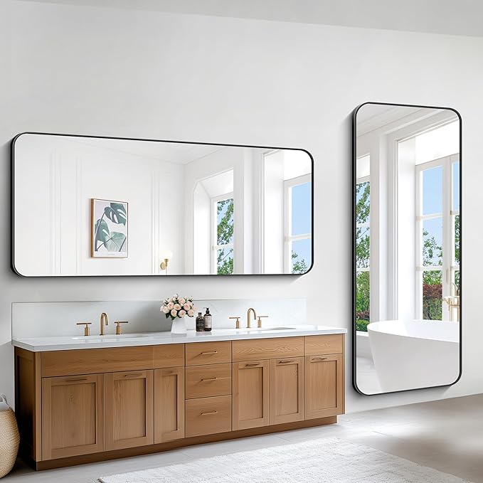 Large Bathroom Mirror, 72 x 30 inch Black Rectangle Mirror, Metal Frame Rectangular Vanity Mirror, Wall Mounted Mirror with Rounded Corner for Bedroom Living Room Hangs Horizontal Or Vertical